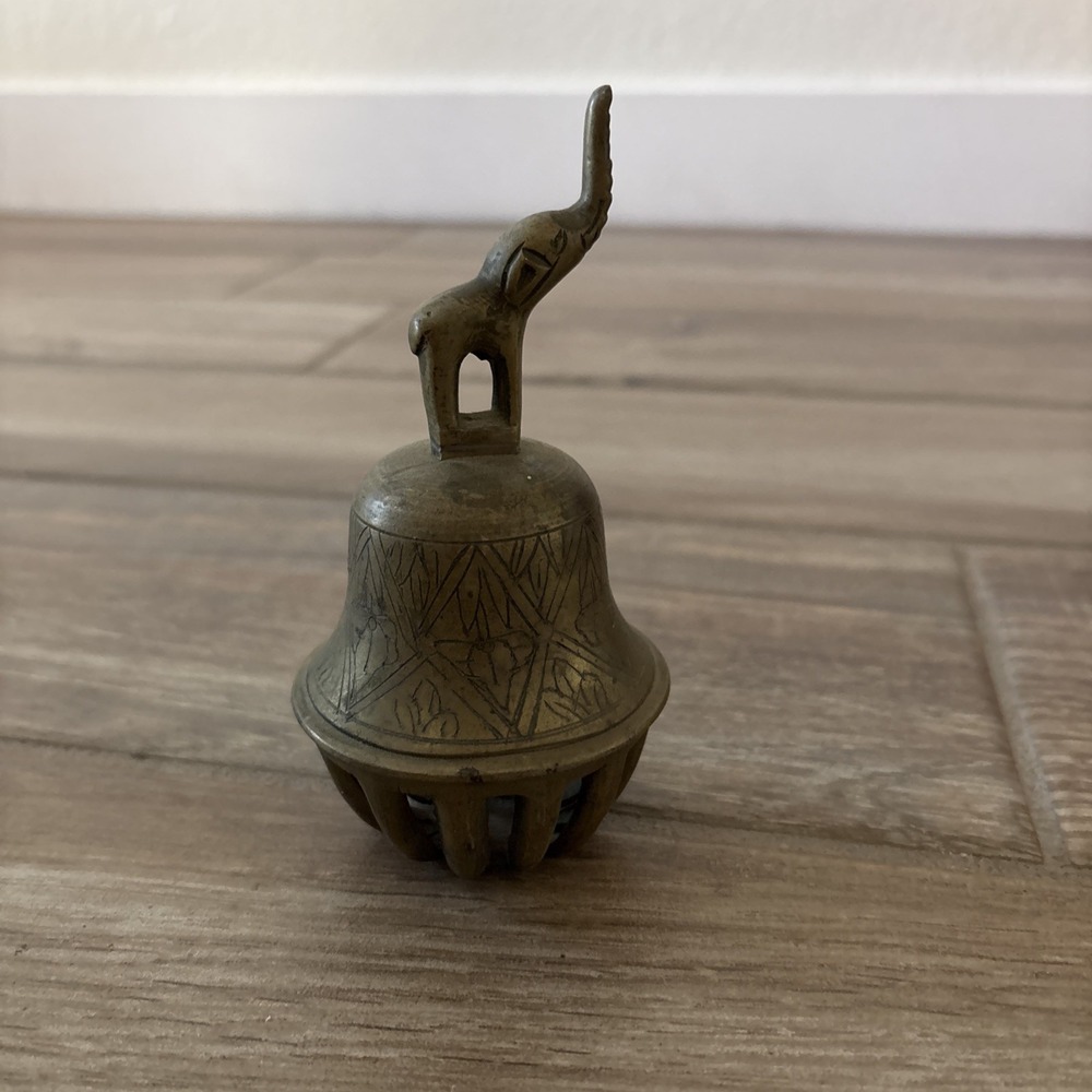 Antique Elephant Claw Brass Bell, Prayer‎ Temple Etched Design India